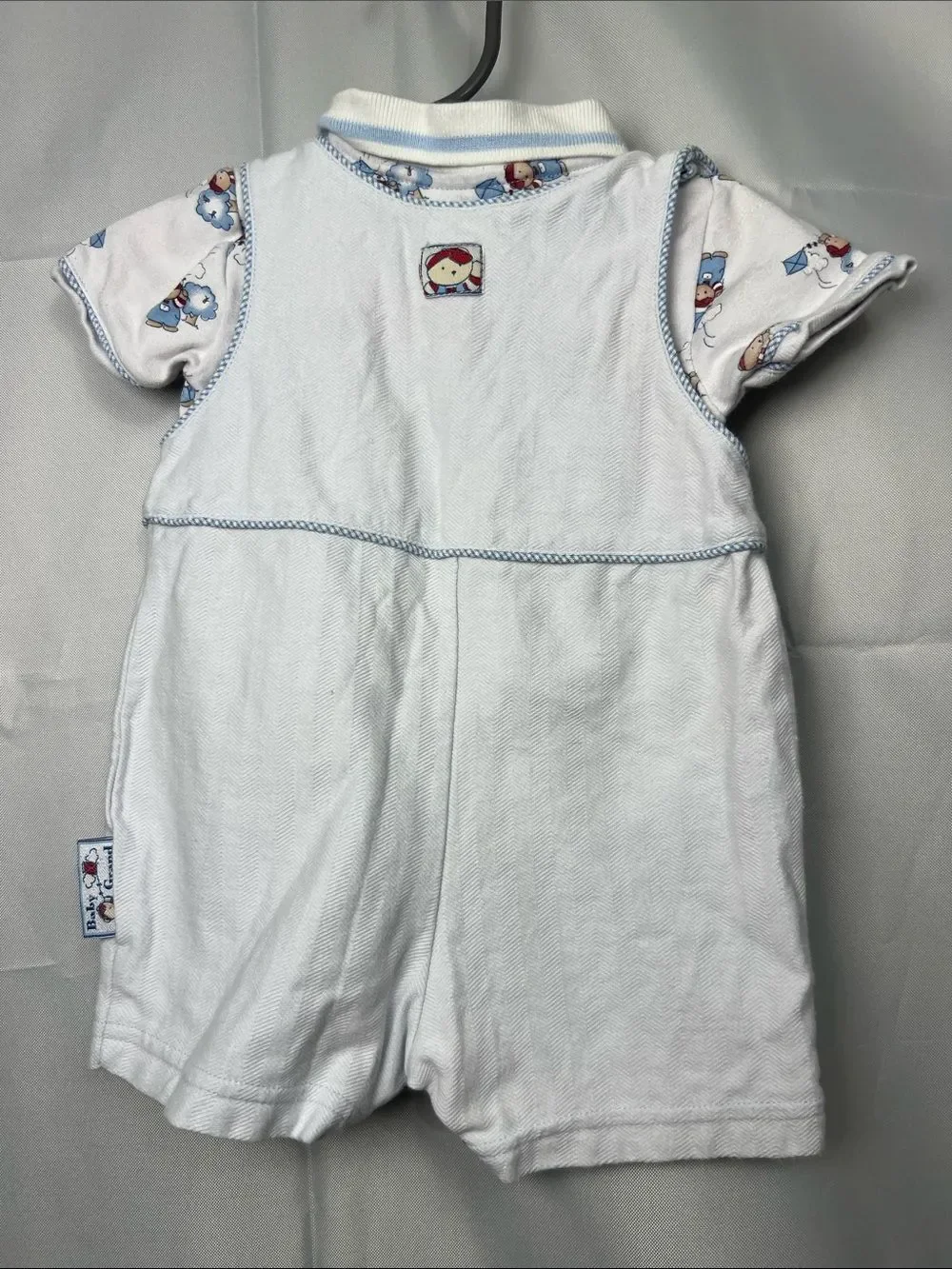 Baby Grand two piece baby blue romper bear flying kite appliqué & print polo